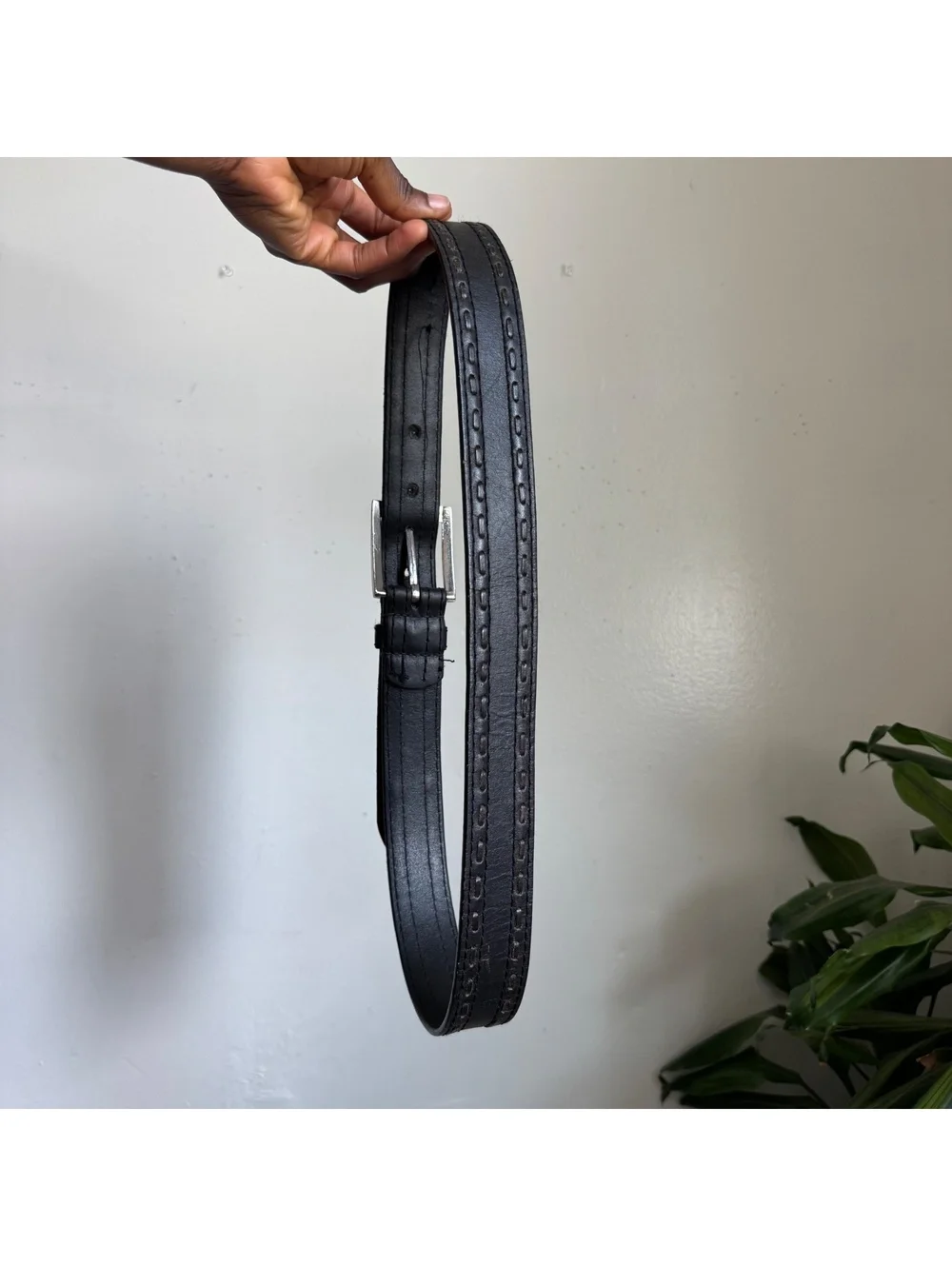 90s distressed Black Genuine Leather Stitched unisex Belt Size 38 Silver Buckle
